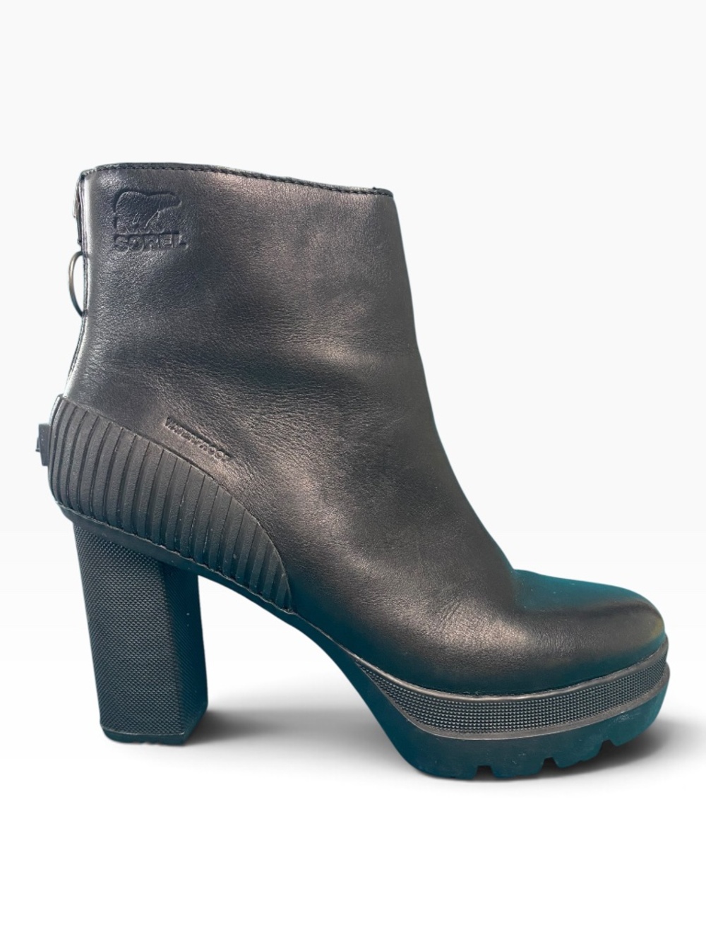 SOREL Dacie Waterproof Leather Platform Ankle Boots Black Block Heel Size 7.5